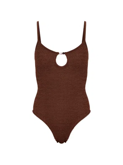 Hunza G Mia Beaded Crinkle Swimsuit In Brown