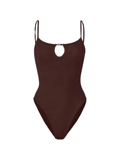 Hunza G Mia Beaded Crinkle-effect Swimsuit In Brown