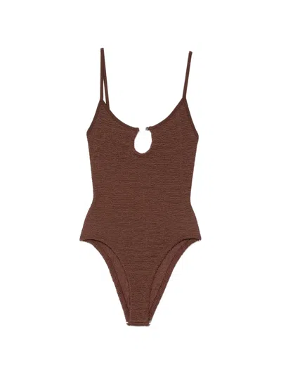 Hunza G Mia Bead-embellished Swimsuit In Brown