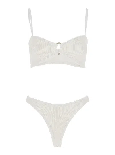 HUNZA G 'MISTY' WHITE BIKINI WITH FIXED SPAGHETTI STRAPS AND CUT-OUT WITH RING IN TECH FABRIC STRETCH WOMAN