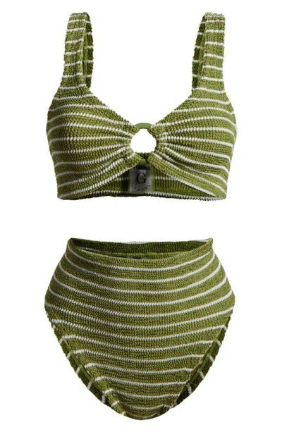 Hunza G Nadine Stripe Two-piece Swimsuit In Metallic Moss/ White