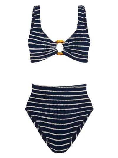 Hunza G Womens Nadine Hoop-trim Striped Seersucker Bikini Set Navy Whit In Navy White