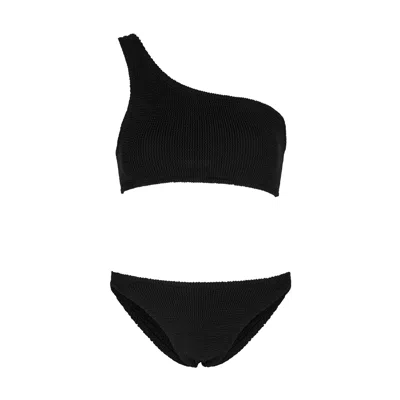 Hunza G Nancy Black One-shoulder Seersucker Bikini