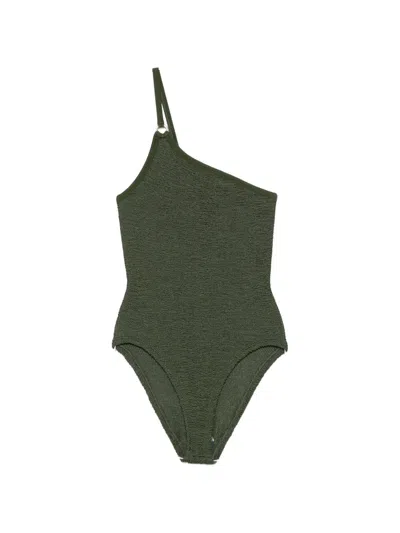 Hunza G One-shoulder Crinkle-effect Swimsuit In Green