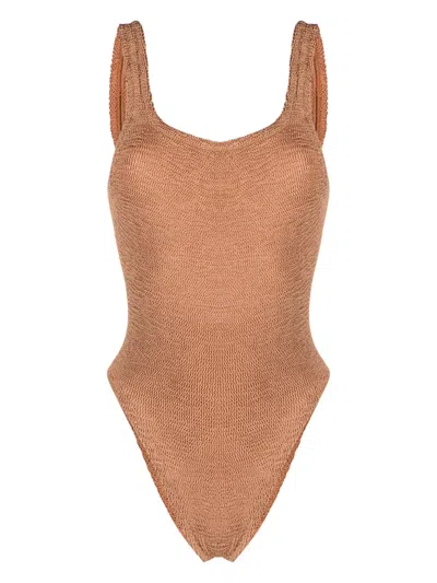 Hunza G Open-back Crinkled-finish Swimsuit In Brown