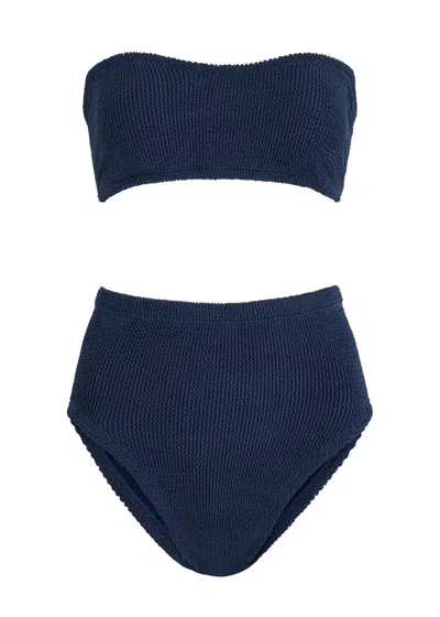 Hunza G Osiris Ruffled Seersucker Bandeau Bikini In Navy
