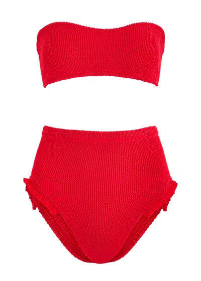 Hunza G Osiris Ruffled Seersucker Bandeau Bikini In Red