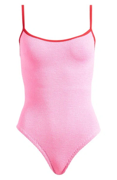 Hunza G Pamela Contrast Binding One-piece Swimsuit In Bubblegum/red