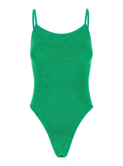 Hunza G Green One-piece Swimsuit With Squared Neckline In Ribbed Stretch Polyamide Woman