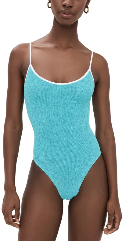 Hunza G Pamela Seersucker Swimsuit In Aqua/white