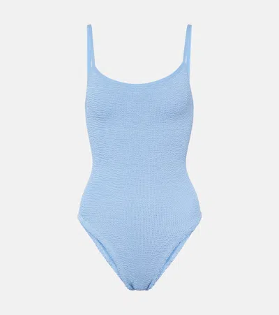 Hunza G Square-neck Seersucker One-piece Swimsuit In Blue