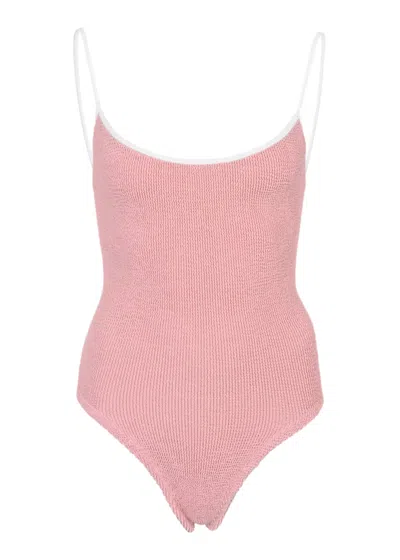 Hunza G Pamela Swimsuit In Contrast Peach | Stretchy One Size Fit Swimwear | Body Shaping One-piece With Thi In Pink