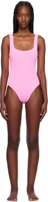 Hunza G High-cut Leg Scoop Back Swimsuit In Textured Fabric In Bubblegum