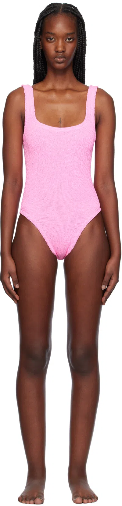HUNZA G PINK SQUARE NECK SWIMSUIT