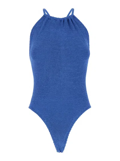 HUNZA G PORTIA BLUE SWIMSUIT WITH CRISS-CROSSED STRAPS ON THE REAR IN TECH FABRIC WOMAN