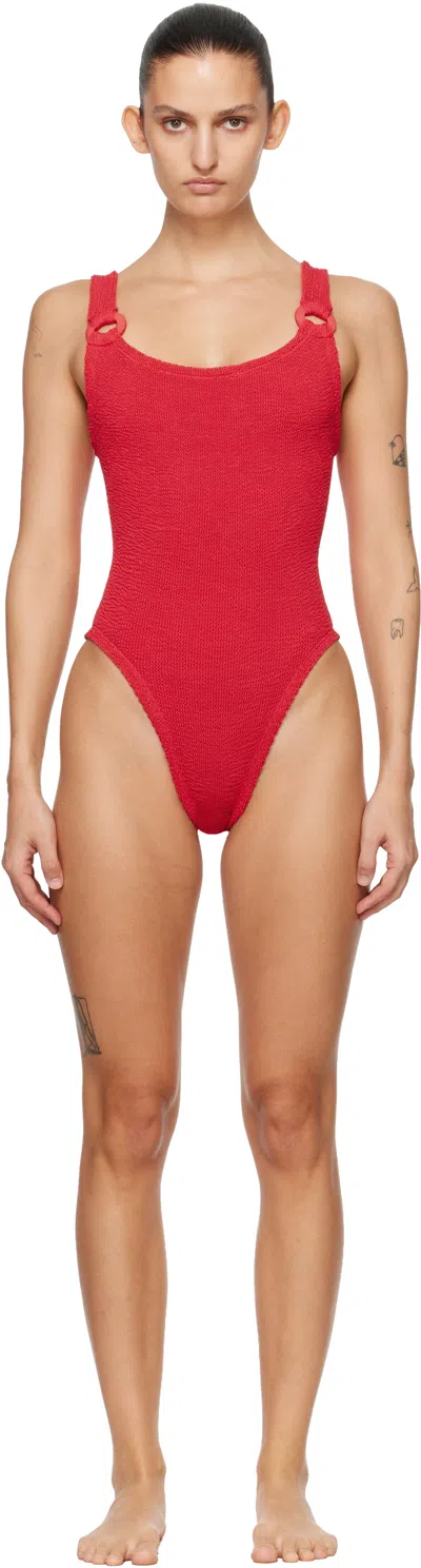 Hunza G Red Tonal Hoops Domino Swimsuit