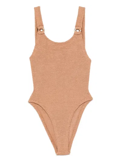 Hunza G Ring-detail Open-back Swimsuit In Brown