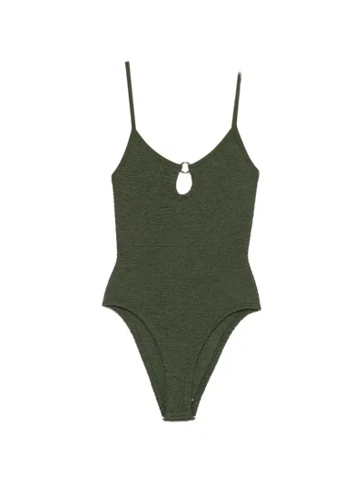 Hunza G Ring-detail Crinkle-effect Swimsuit In Green