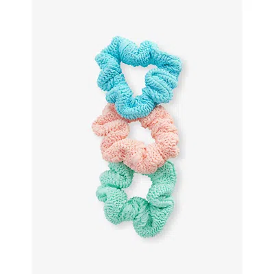 Hunza G Kids' Aqua Peach Metallic Mint Ruched Pack Of Three Seersucker Scrunchies In Multi