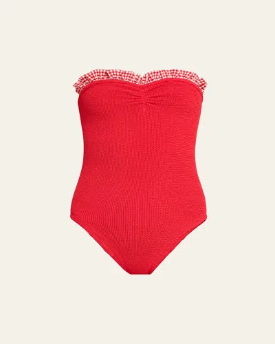 Hunza G Ruffled Gingham-trim One-piece Swimsuit In Red