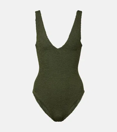 Hunza G Womens Metallic Khaki Sadie Scoop-neck Crinkle-textured Swimsuit In Green