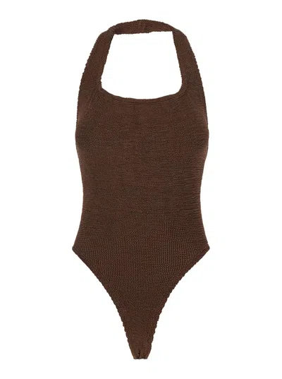 Hunza G Sandy Brown One-piece Swimsuit With Halterneck And Open Rear In Tech Fabric Woman