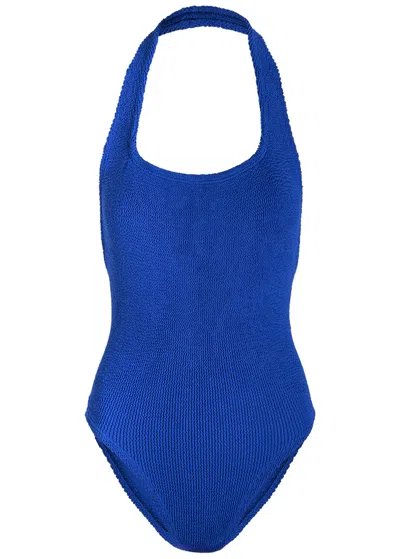 Hunza G Sandy Halterneck Crinkle Swimsuit In Blue