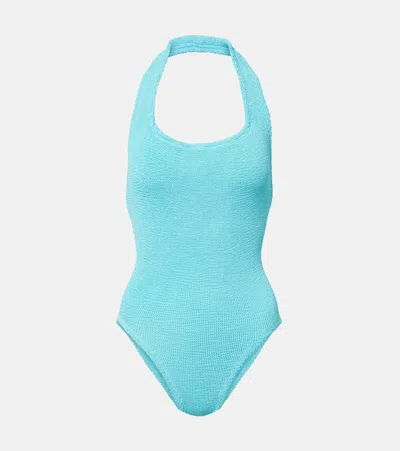 Hunza G Sandy Crinkle-effect Halterneck Swimsuit In Blue
