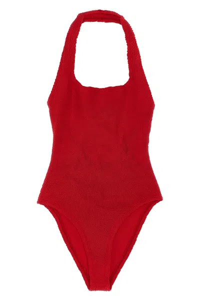 Hunza G American Crinkle Neckline Sandy Swimsuit In Red