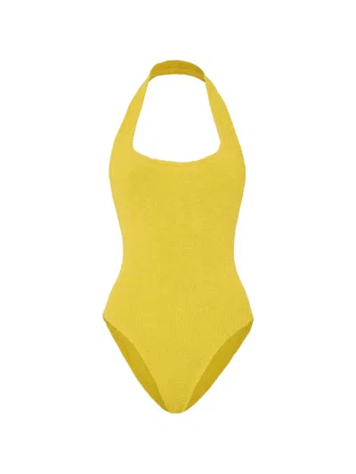Hunza G Textured Halterneck Square Neck Swimsuit In Yellow