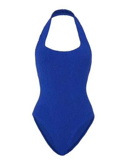 Hunza G Retro Halterneck Square Neck Textured Swimsuit In Blue