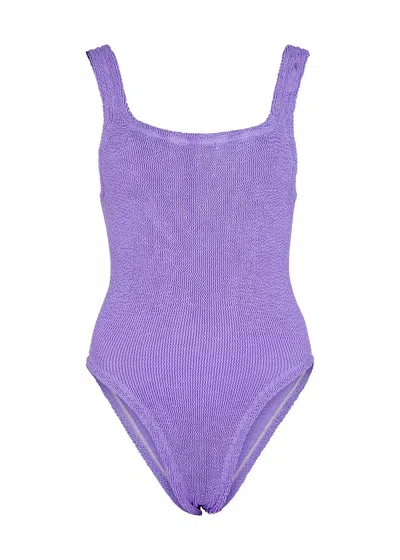 Hunza G Coverage Square Neck Seersucker Swimsuit In Purple