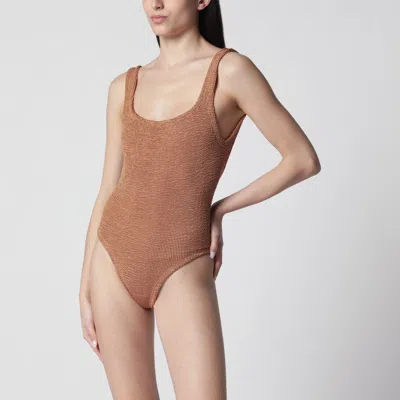 Hunza G Square Metallic Cocoa One-piece Swimsuit In Brown