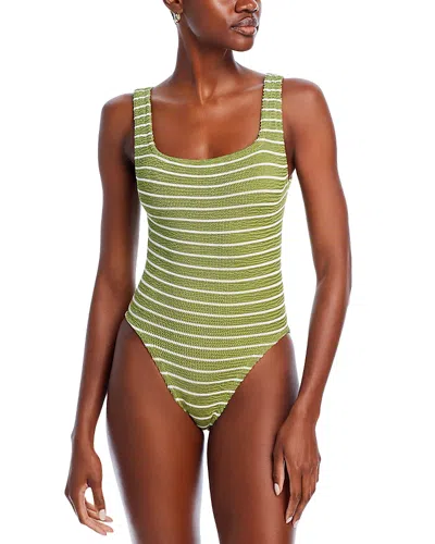 Hunza G Square Neck Crinkle One Piece Swimsuit In Metallic Moss White