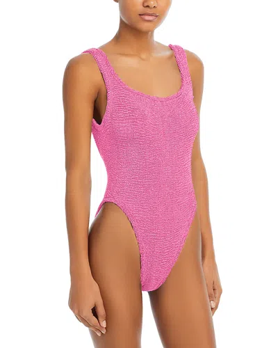 Hunza G Square Neck Crinkle One Piece Swimsuit In Pink