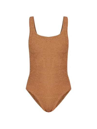 Hunza G Square Neck Crinkle Swimsuit In Brown
