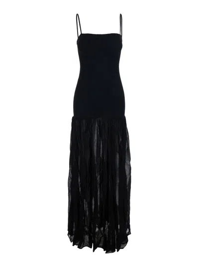 Hunza G Square Neck Long Dress With Thin Straps And Ruched Slip-on Styling In Stretch Tech Fabric In Black