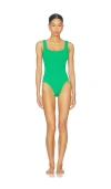 Hunza G Square Neckline High Leg Textured Beachwear In Green