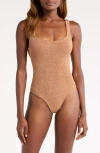 Hunza G Domino Knit Texture High-cut Swimsuit In Metallic Cocoa