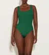 Hunza G Seersucker Texture Open-back Swimsuit In Metallic Forest Green