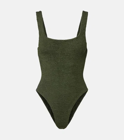Hunza G Womens Square-neck Seersucker Swimsuit Metallic Khak In Green