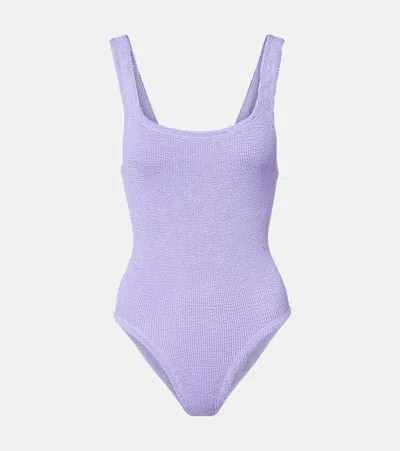 Hunza G Coverage Square Neck Seersucker Swimsuit In Purple