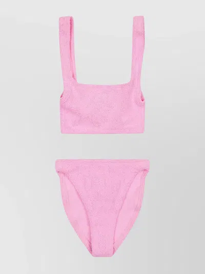 Hunza G Square Neckline High-cut Leg Textured Fabric Bikini In Pink