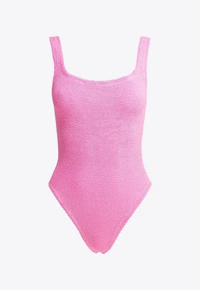 Hunza G Square-neck Crinkled One-piece Swimsuit In Pink