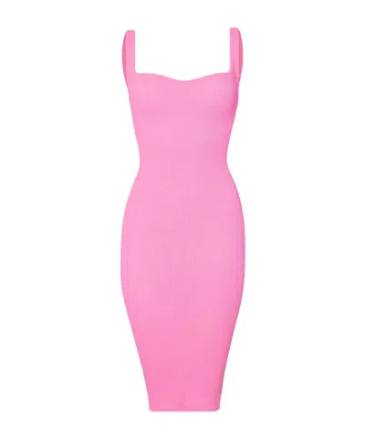 Hunza G Square-neck Textured Midi Fitted Dress In Pink