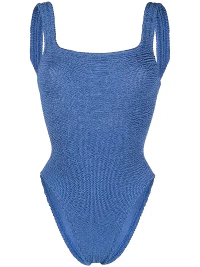 Hunza G Square-neck Textured Swimsuit In Blue