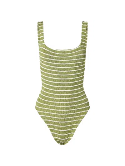 Hunza G 스트라이프 주름 이펙트 원피스 수영복 In Green
