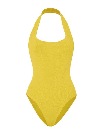 Hunza G Textured Halterneck Square Neck Swimsuit In Yellow