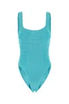 Hunza G Stretch Nylon Swimsuit Scoop Neckline Sleeveless Design In Blue