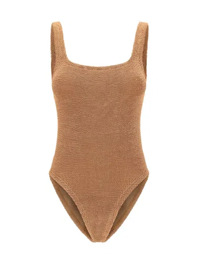Hunza G One Piece Swimsuit High Leg Square Neckline In Brown